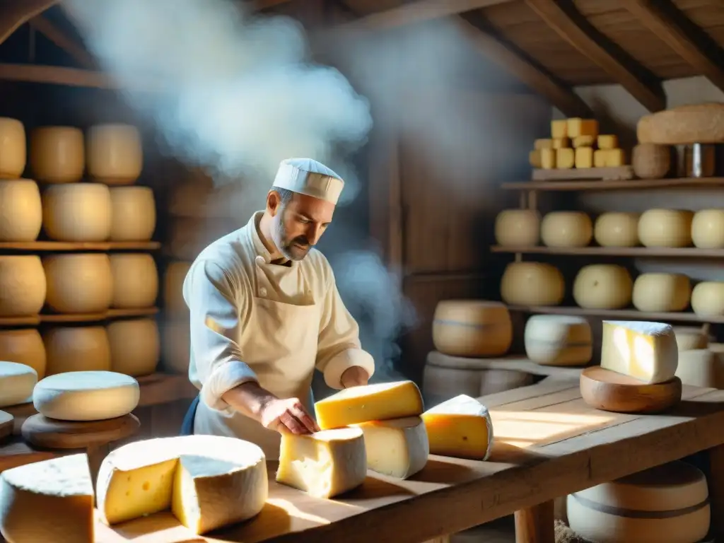 El arte de hacer quesos franceses en el extranjero: un maestro quesero elaborando Brie en un granero rústico iluminado por el sol