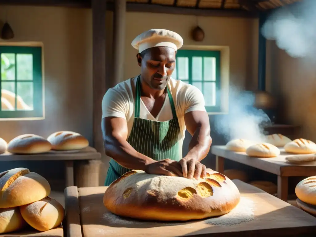 Artesanía en la panadería tradicional en Martinica: expertos panaderos moldeando y horneando pan a mano con destreza en un ambiente rústico y cálido