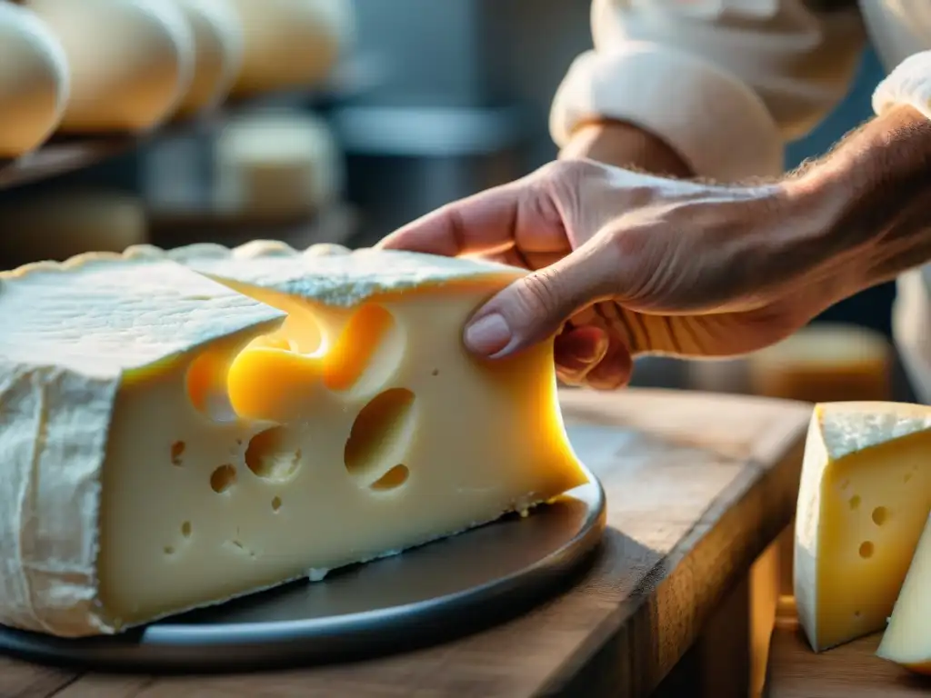 Artesanía de Queso Pont l'Évêque en Normandía: manos expertas formando la rueda con maestría en una quesería tradicional