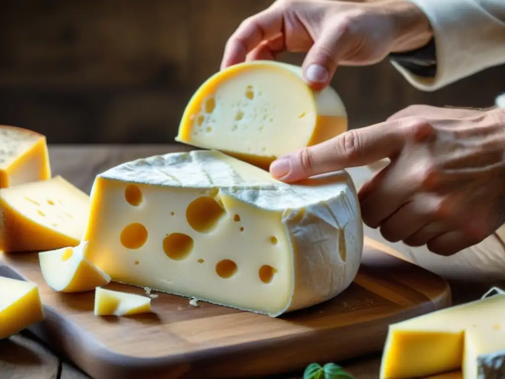 Artesanía de quesos franceses en casa: manos expertas moldean suavemente un queso cremoso sobre una mesa rústica de madera