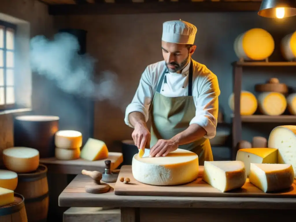 Artesano en Auvernia elaborando queso Saint Nectaire con destreza en taller rústico, gastronomía y tradición