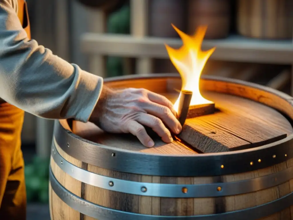 Un artesano cooper trabaja en una barrica de roble para crianza de vinos blancos en un taller rústico