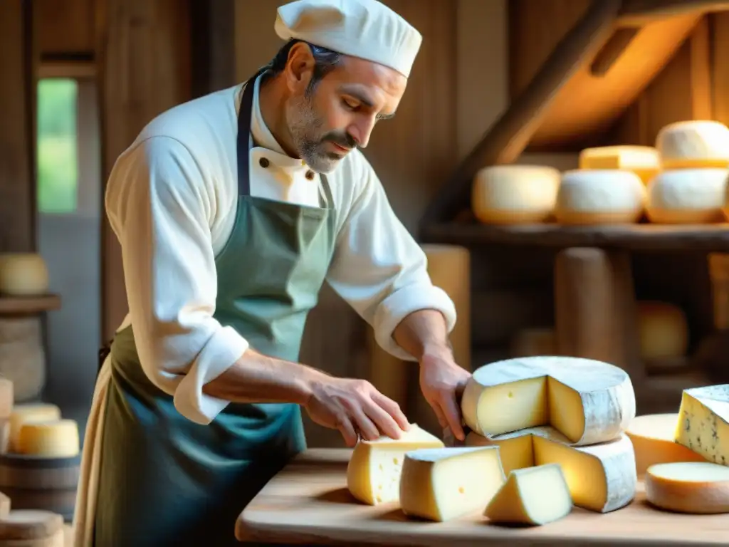 Artesano en cocina de RódanoAlpes con ríos, elaborando queso con dedicación en un granero rústico iluminado