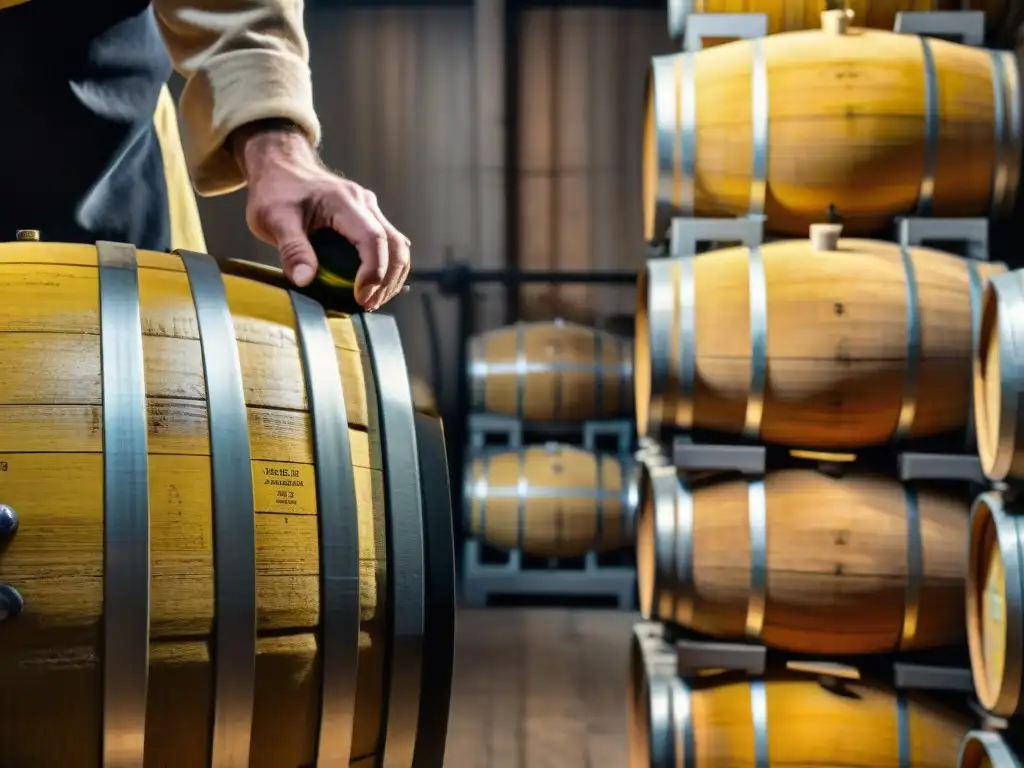 Un artesano vinícola inspecciona con cuidado barricas de vino amarillo (Vin Jaune) en una bodega francesa rústica