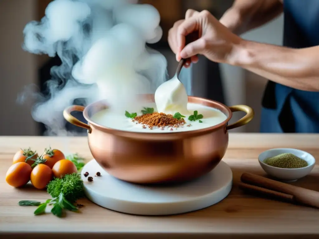 Un artesano mezcla con destreza yogur francoárabe en cocina rústica