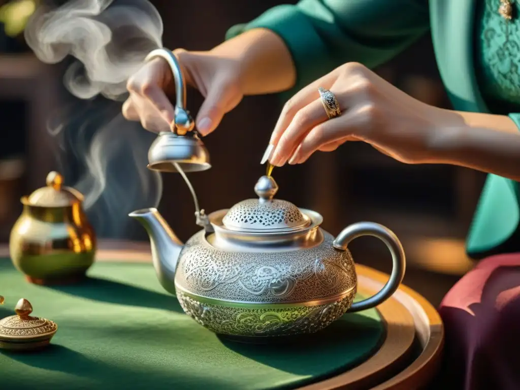 Un artesano experto cuida con esmero un lujoso y ornamentado tetera de plata, preparando té estilo francés gourmet