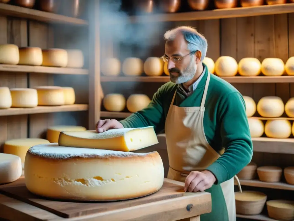 Un artesano experto elabora queso Saint Nectaire en una quesería de Auvernia