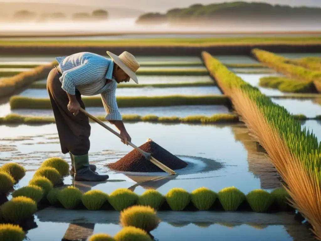 Un artesano recolectando Flor de Sal en Guérande, Francia, bajo la cálida luz del atardecer