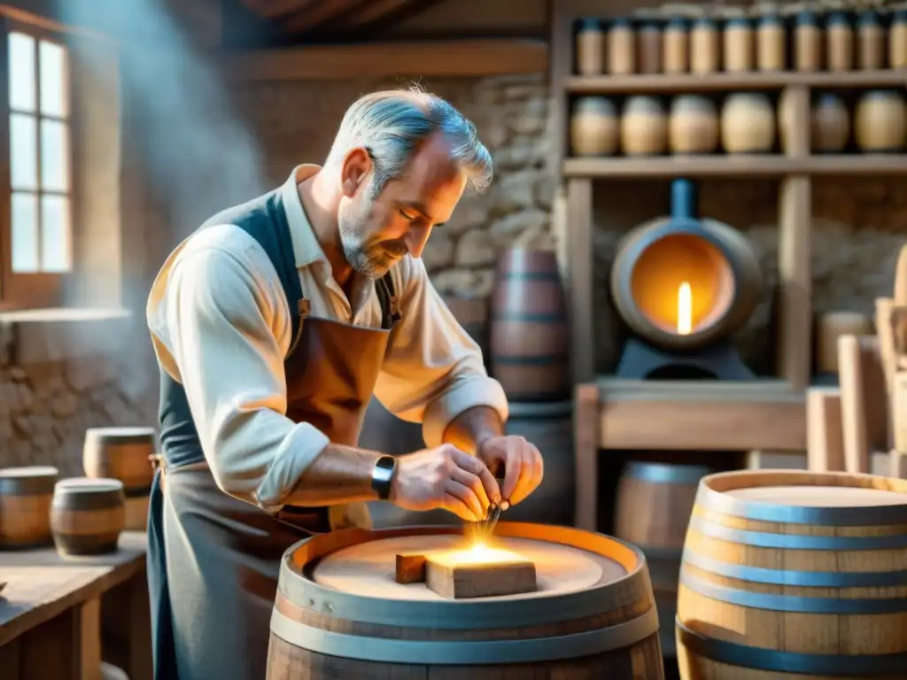 Un artesano francés crea un barril de vino a mano en un taller rústico, resaltando las técnicas ancestrales francesas sostenibles