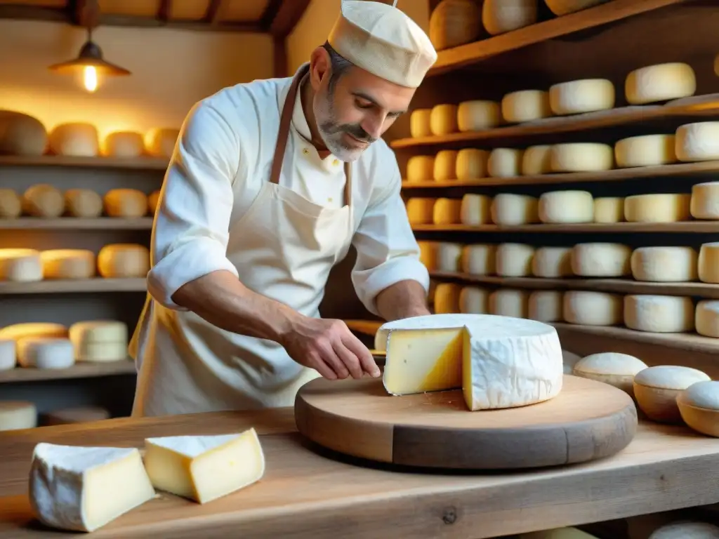 Artesano francés elaborando Brie: joya culinaria de Francia en una fromagerie campestre