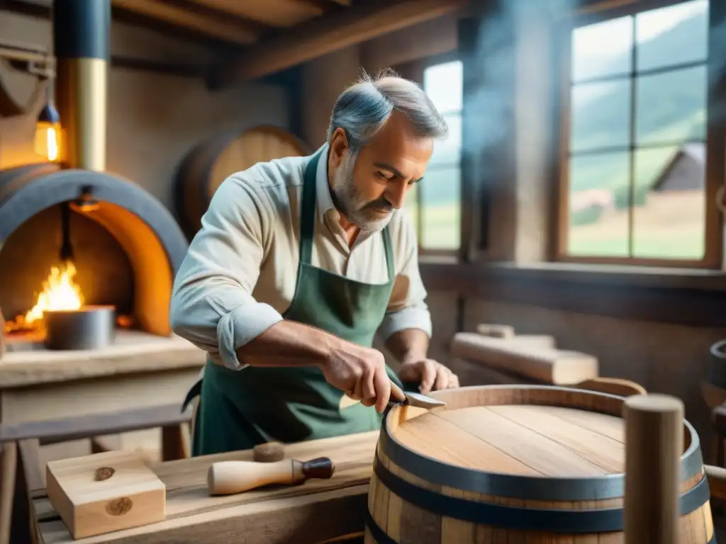 Un artesano francés experto tallando una barrica de vino de madera con técnicas ancestrales sostenibles