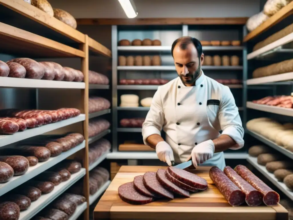 Un artesano francés experto en una charcutería, elaborando embutidos artesanales