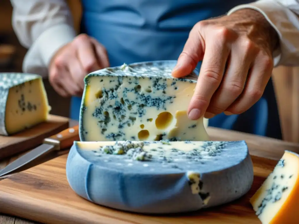 Artesano francés inyectando moho azul en Roquefort