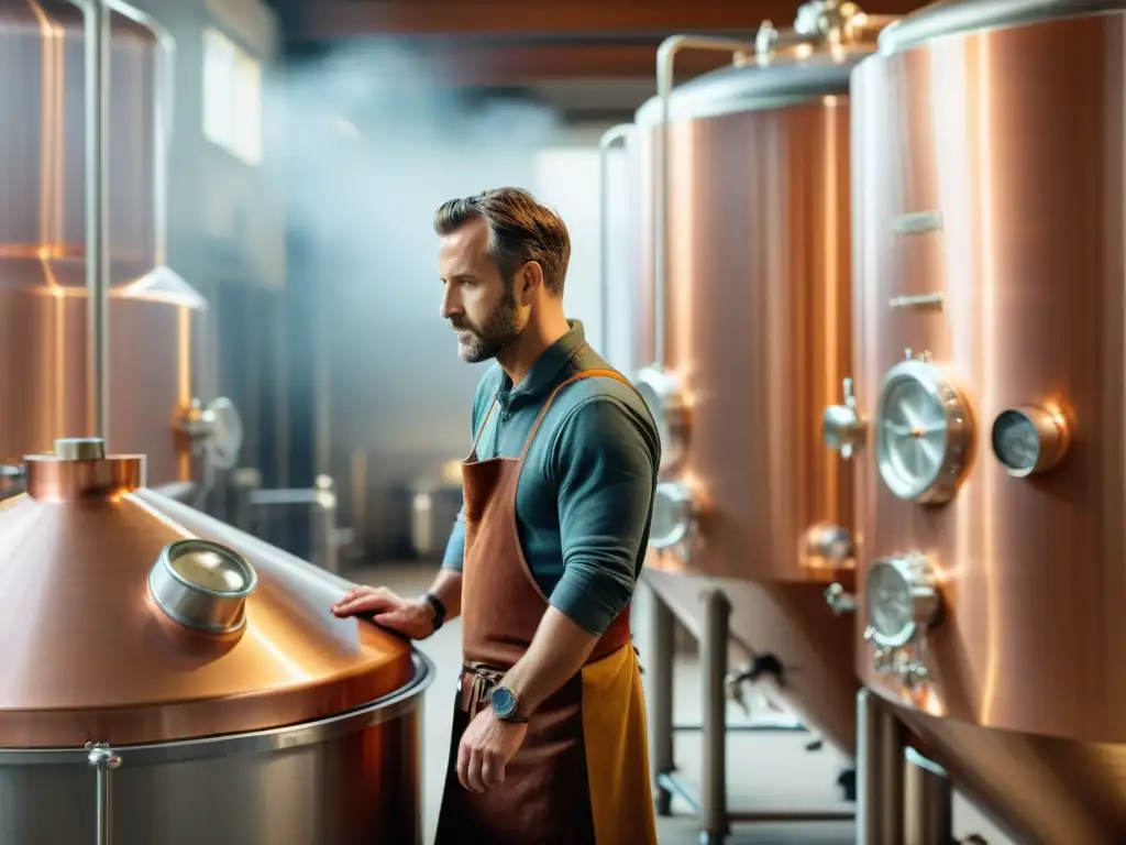 Un artesano francés supervisa el proceso de fermentación en cervezas francesas en una cervecería tradicional