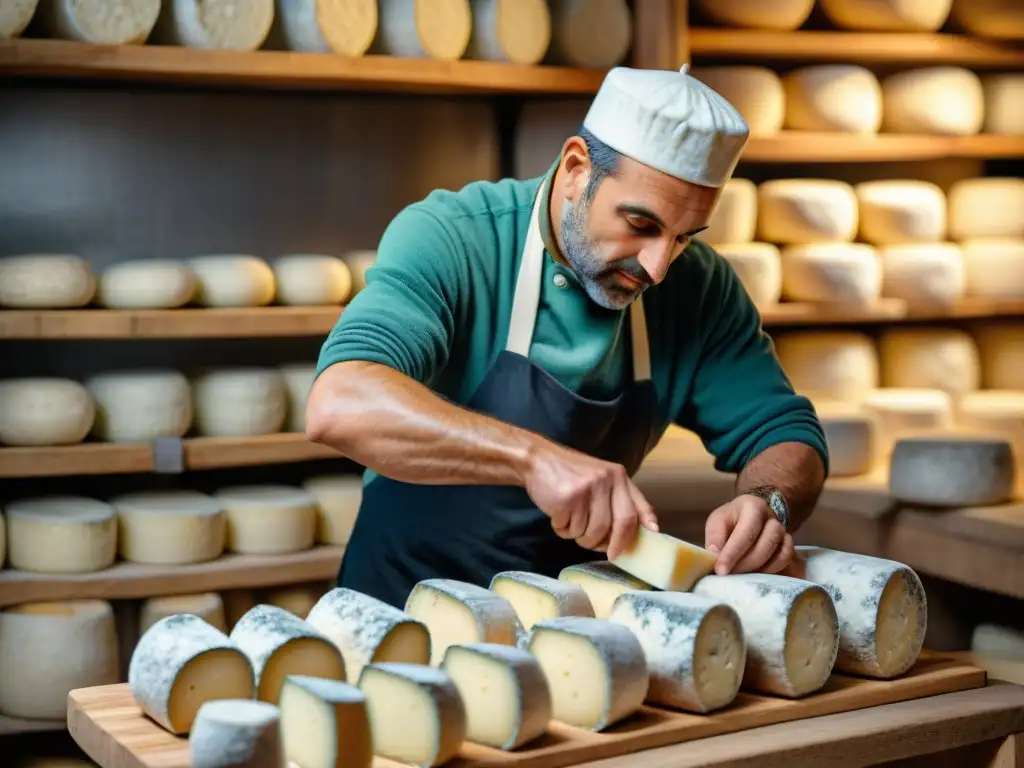 Artesano francés elaborando queso azul en cuevas de Roquefort-sur-Soulzon