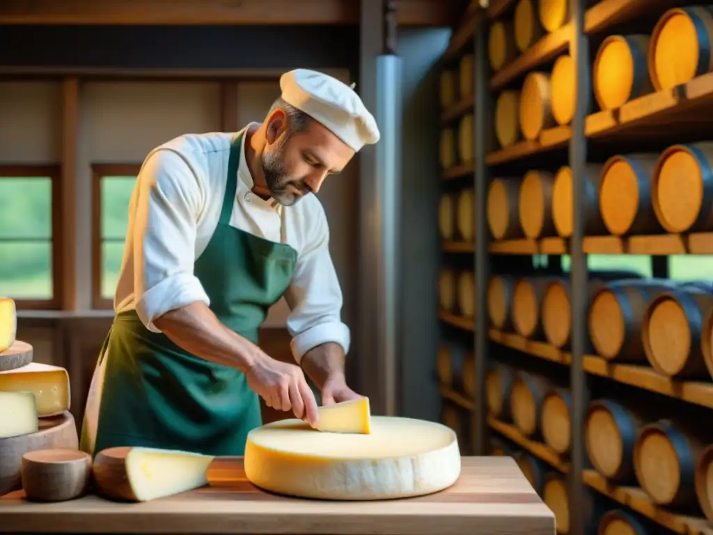 Un artesano francés en la región de Jura elaborando un queso Comté rodeado de barriles de madera