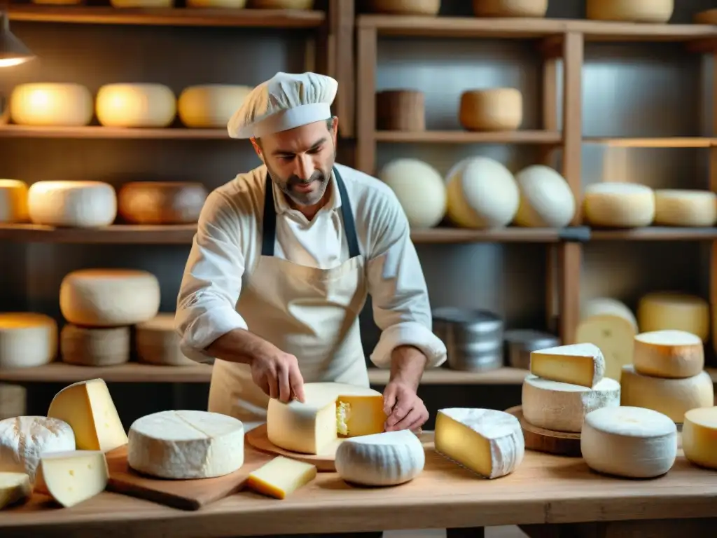 Artesano francés elaborando queso Camembert en fábrica rural