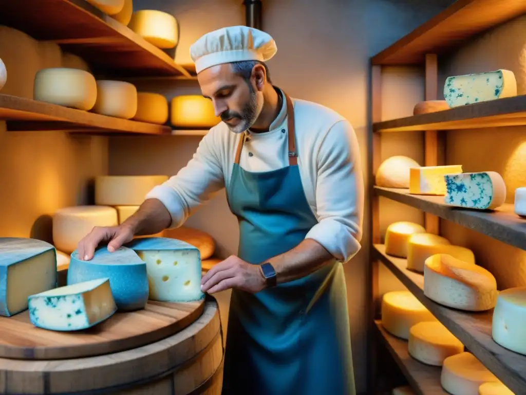 Artesano francés elaborando queso Roquefort en bodega de piedra centenaria