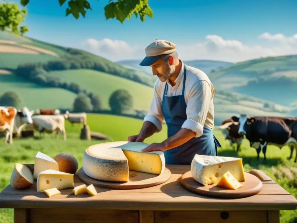 Un artesano francés elaborando quesos en un idílico paisaje campestre