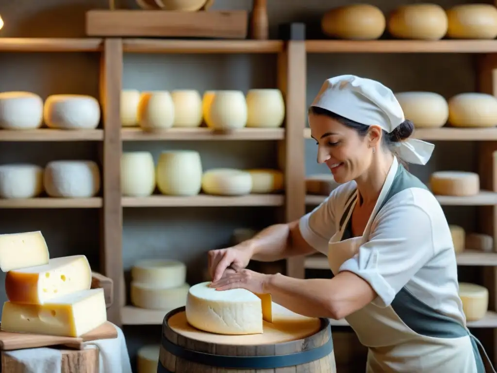 Un artesano francés de quesos orgánicos sostenibles moldea curds en barril de madera