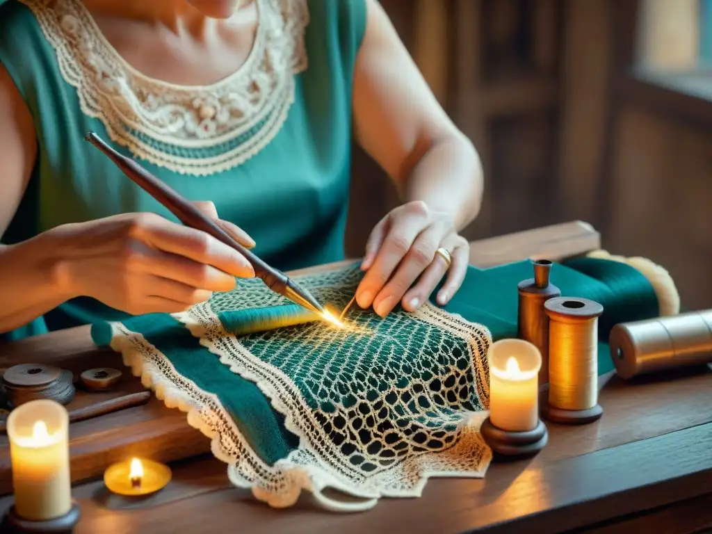 Un artesano francés utiliza técnicas ancestrales sostenibles para tejer encaje con destreza en un taller iluminado por velas