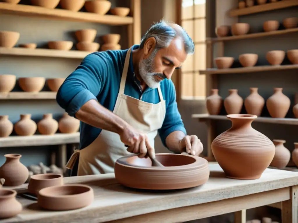 Un artesano francés usando técnicas ancestrales sostenibles para crear cerámica en un taller rústico