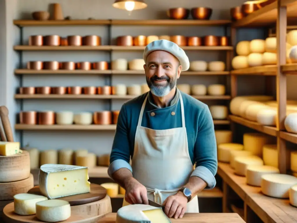 Artesano francés con utensilios para hacer quesos franceses en taller tradicional