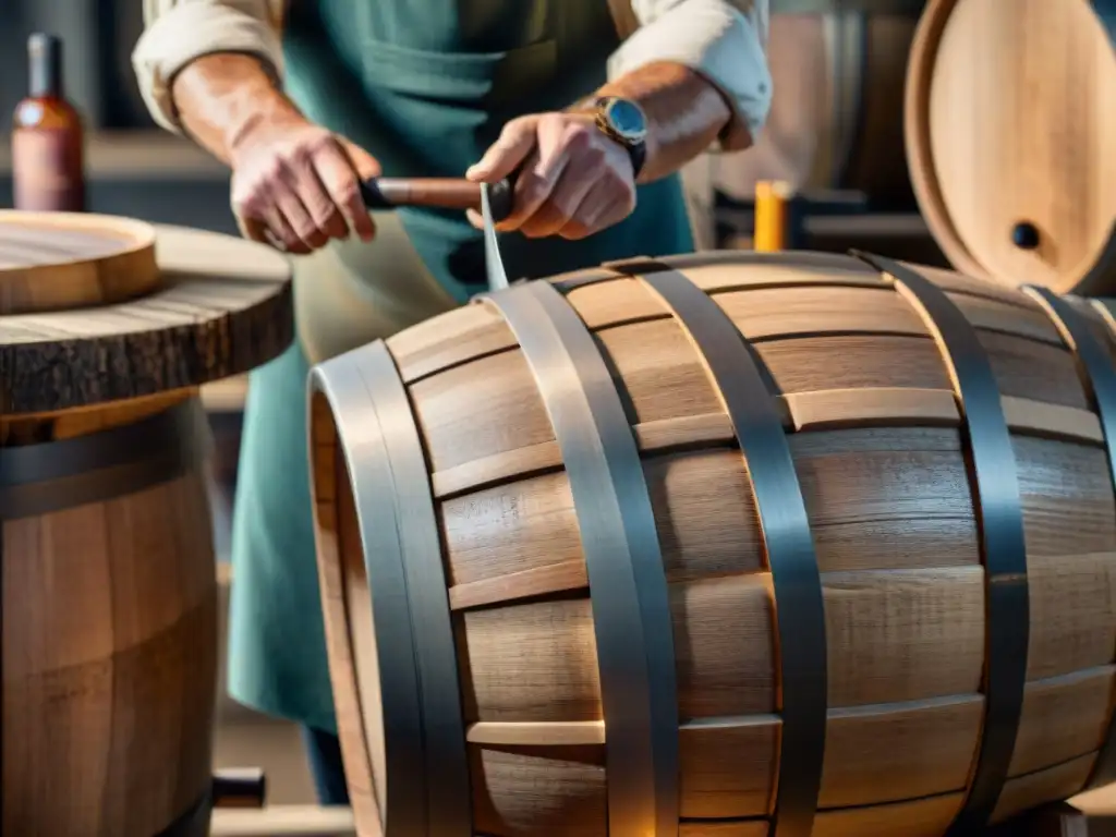 Un artesano maestro moldea con precisión un barril de roble francés, resaltando la influencia de la madera en vinos franceses