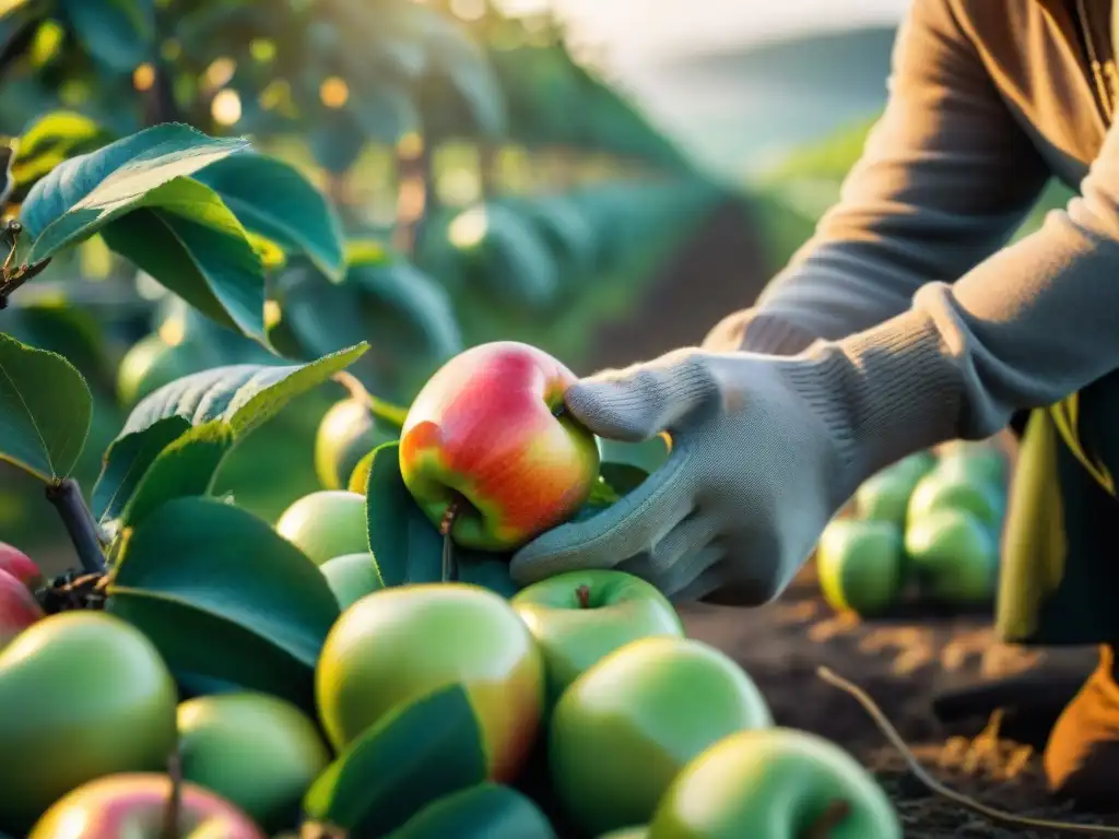 Un artesano selecciona manzanas doradas en la suave luz del amanecer para crear delicioso Calvados: origen, elaboración y degustación