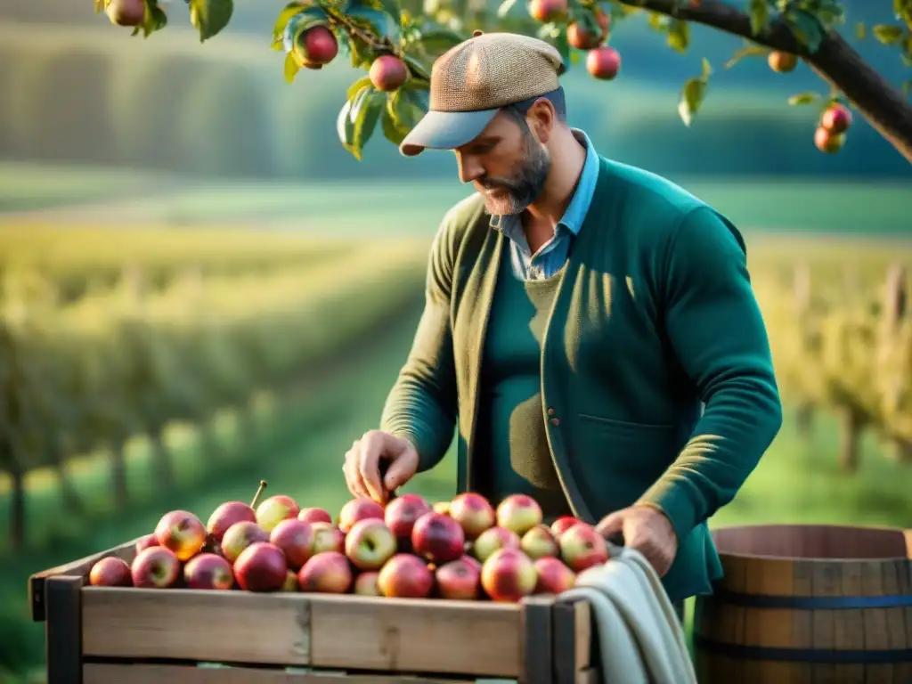 Artesano seleccionando manzanas en un huerto al atardecer para maridaje sidras francesas comidas