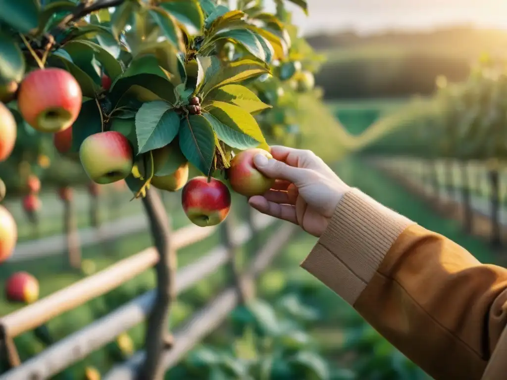 Hábil artesano selecciona manzanas maduras en un huerto de Normandía para crear Calvados: destilado manzana Normandía