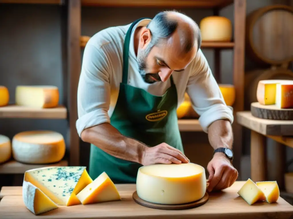 Un artesano quesero francés experto moldea queso en taller rústico