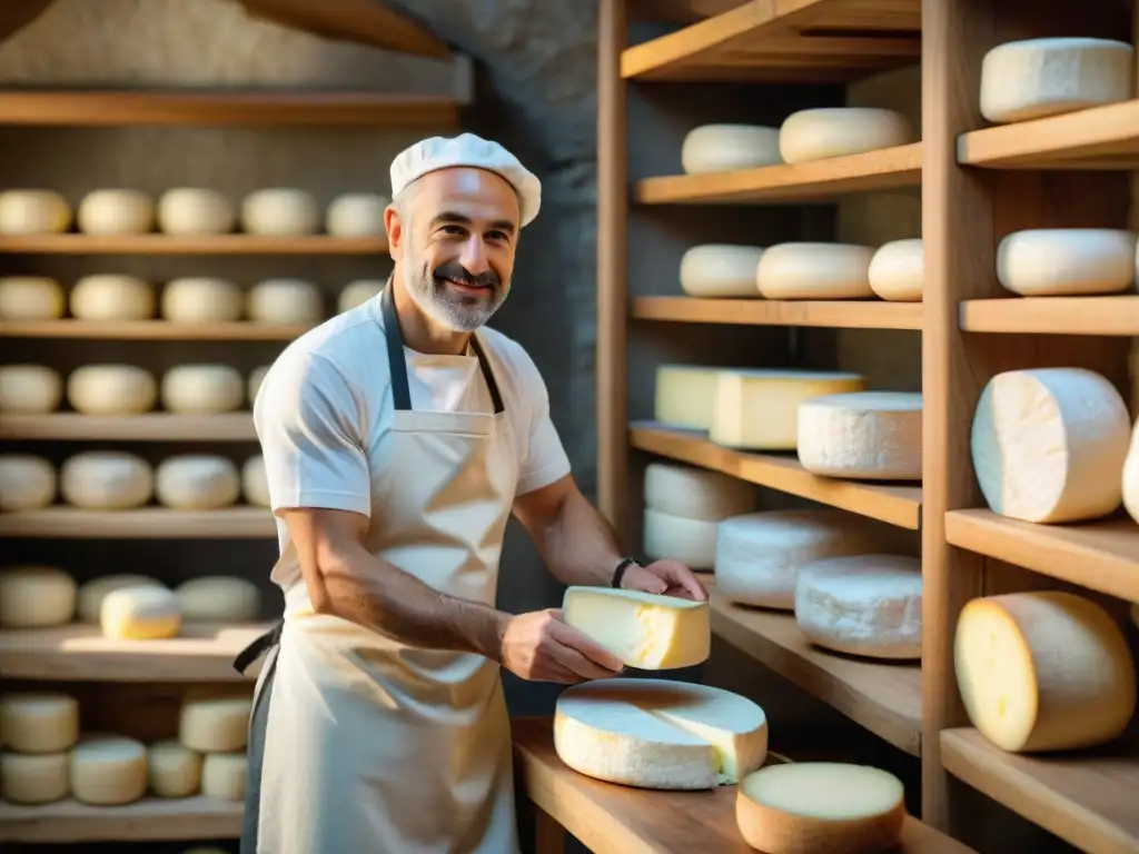 Artesano elaborando queso camembert en taller francés, rodeado de quesos y herramientas de madera