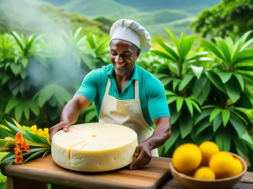 Artesano elaborando Queso Caribeño en Guadalupe en un entorno tropical exuberante