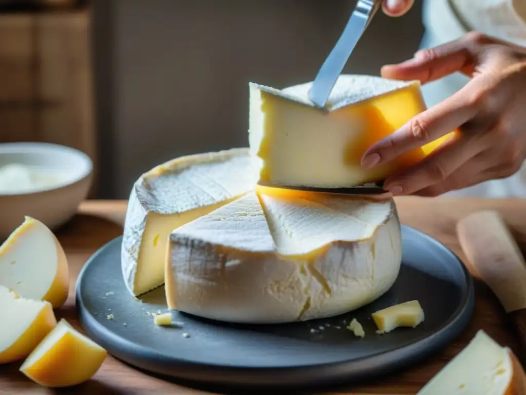 Un artesano elabora queso Brie casero con cuidado, mostrando la técnica para conservar esta delicia francesa