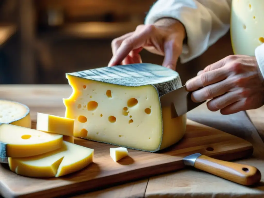 Un artesano del queso corta con precisión un Comté francés en un concurso de corte de queso