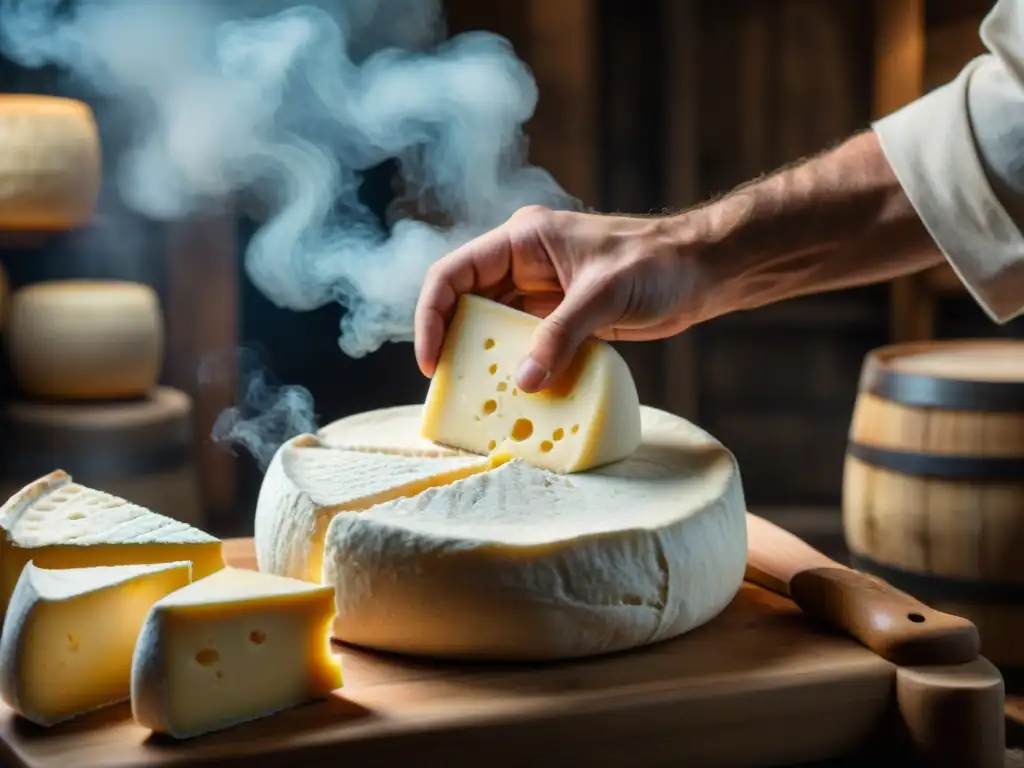 Un artesano moldeando queso francés en talleres personalizados, entre herramientas de madera y barriles en un ambiente íntimo