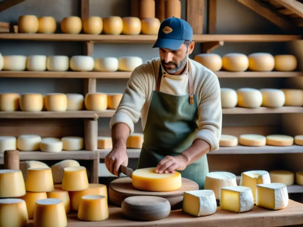 Artesano de queso Maroilles: tradición culinaria francesa en una quesería rústica