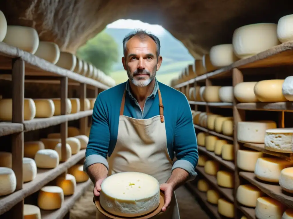 Artesano de queso Roquefort en cueva francesa