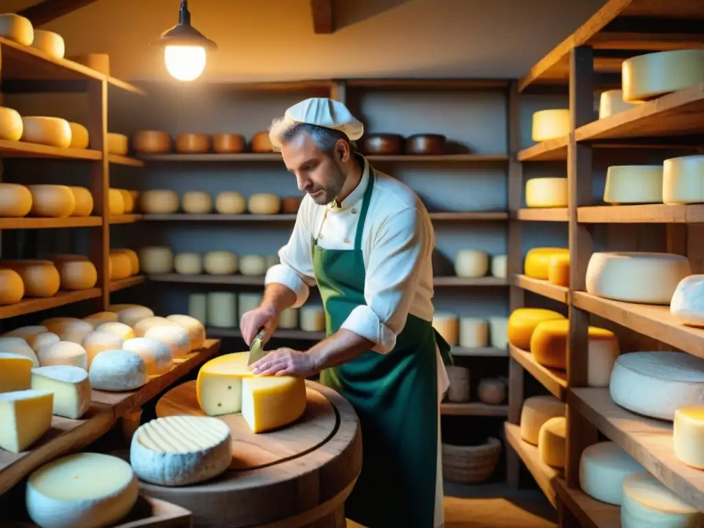 Un artesano elaborando queso en un taller rústico lleno de tradición y herramientas de queso