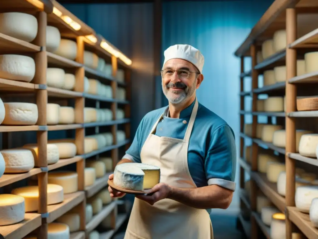 Un artesano elaborando quesos azules franceses en una bodega tradicional, mostrando la evolución del proceso