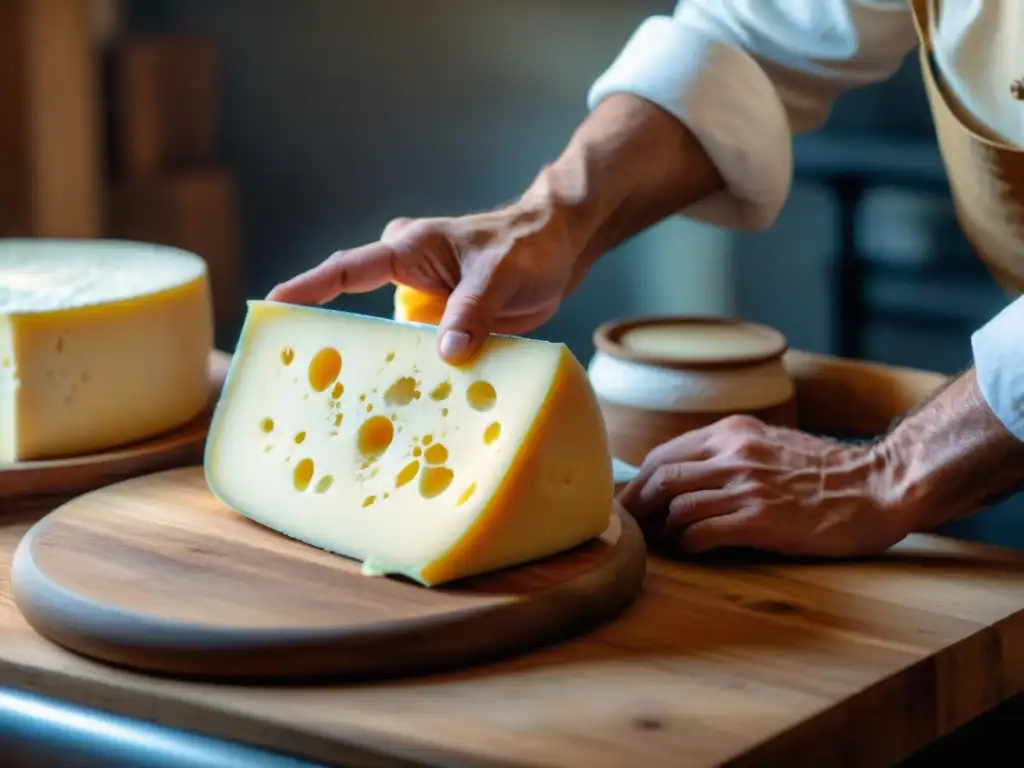 Artesano de quesos franceses moldeando con destreza la cuajada en un molde de madera, bañado en luz natural suave