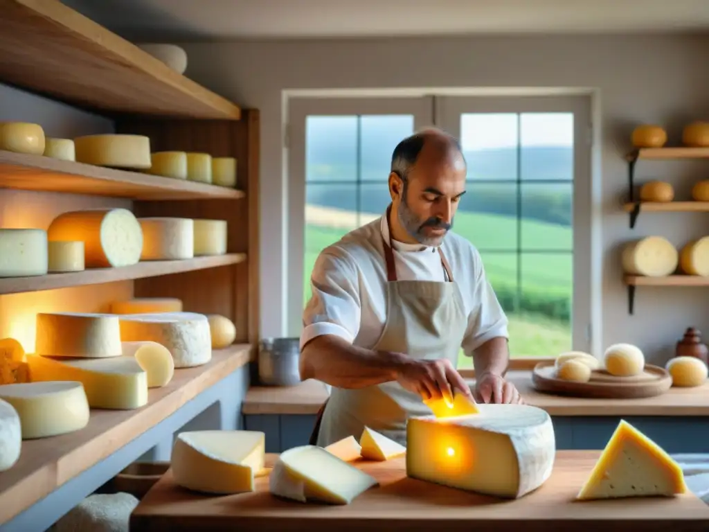 Un artesano elabora quesos veganos tradicionales franceses innovadores en una cocina rústica