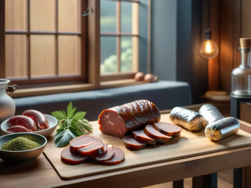 Artesano rellena tripas con carne para Andouille de Vire en charcutería tradicional francesa