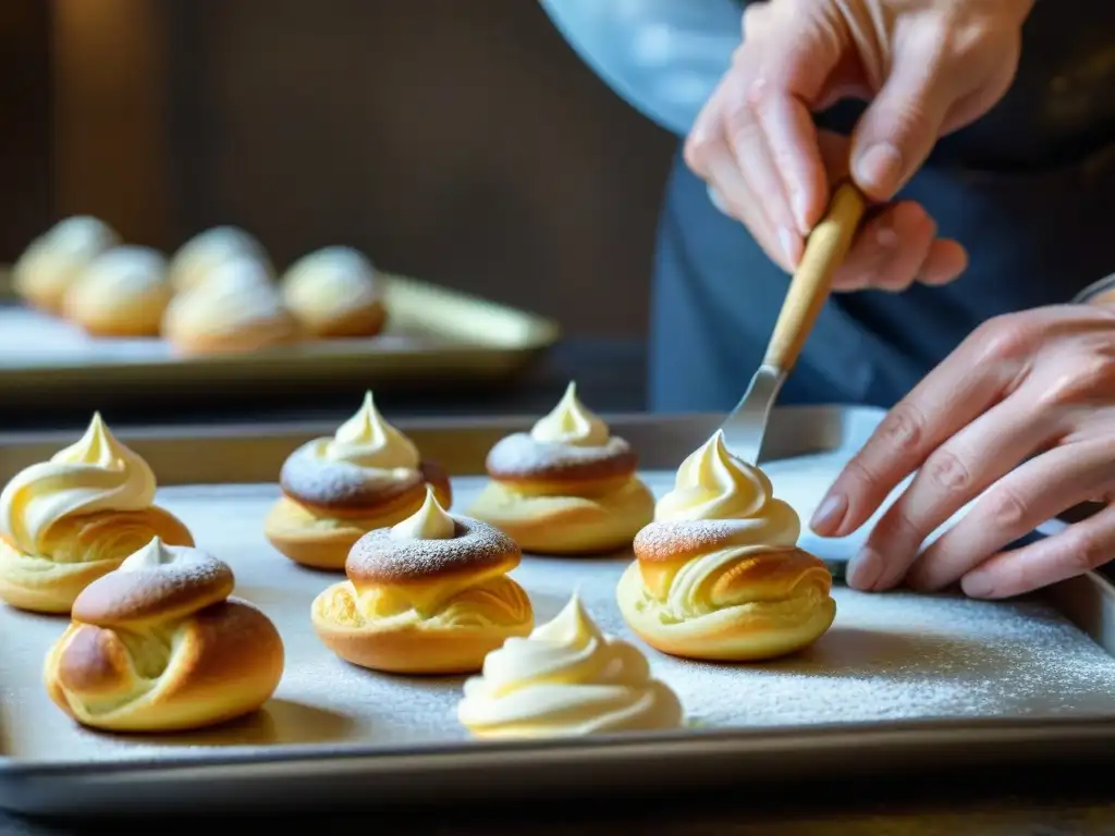 Un artesano repostería expertamente rellenando con masa de choux, en una panadería nostálgica