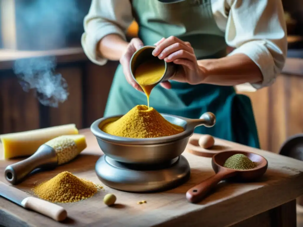 Un artesano muele semillas de mostaza en un mortero vintage, rodeado de ingredientes en una cocina rústica