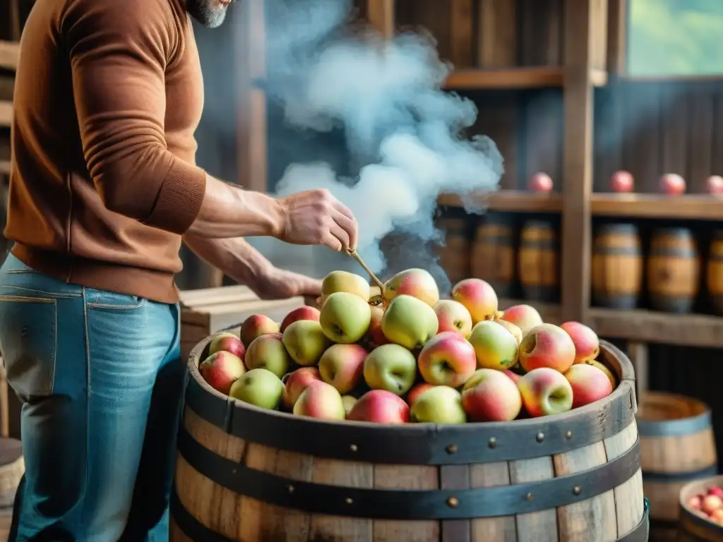 Un artesano de la sidra francesa inspecciona manzanas recién prensadas en una cidrería rústica