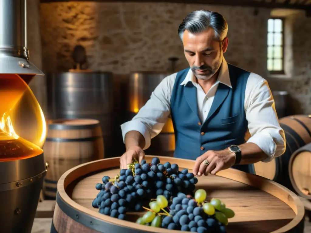 Un artesano en Bretaña selecciona uvas para hacer Armagnac, mostrando la historia del armagnac en Bretaña