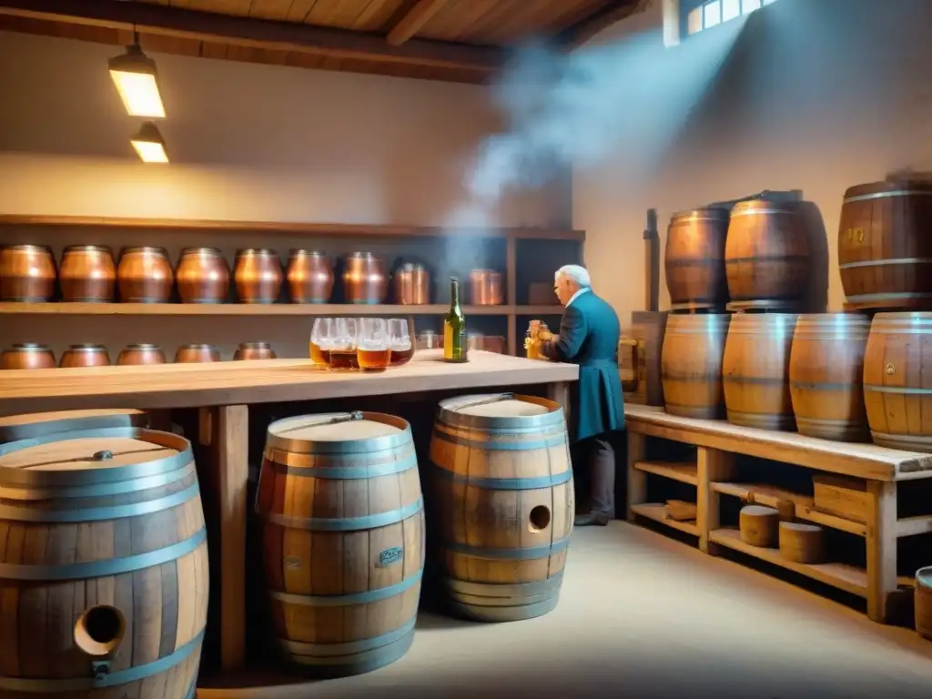 Artesanos creando bebidas fermentadas tradicionales en una cervecería francesa con barriles de madera y equipo de cobre