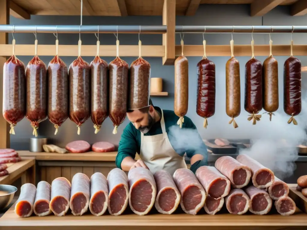 Artesanos creando Andouille de Vire gastronomía francesa con meticulosidad en charcutería tradicional